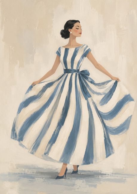 Elegante vrouw in een blauw-wit gestreepte jurk als stijlvolle schilderachtige wanddecoratie met mediterrane en hotel-chique uitstraling.