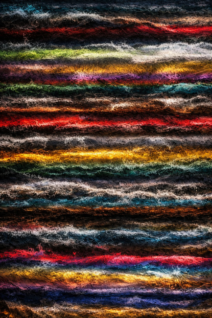 Abstracte kleurrijke wanddecoratie met horizontale lagen in rood, goud, blauw en paars met rijke textuur.