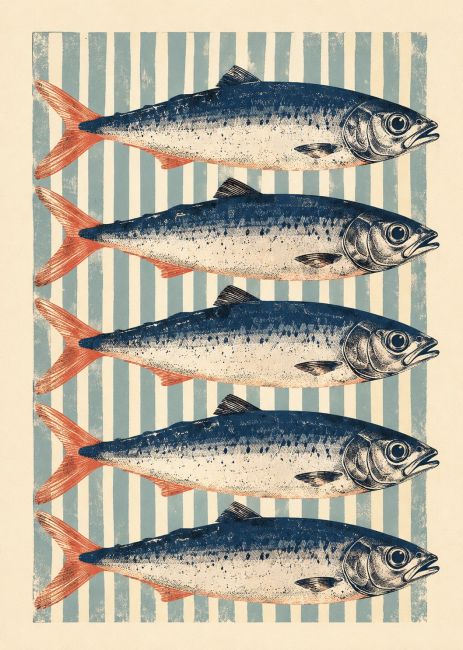Vintage wanddecoratie met vijf blauw-oranje vissen op een lichtblauw gestreepte achtergrond in mediterrane coastal stijl.