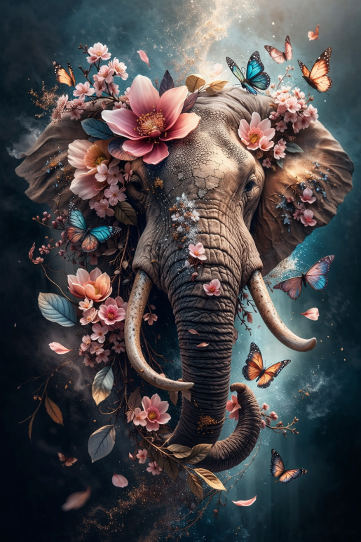 Olifant met bloemen en vlinders dromerige botanische wildlife wanddecoratie fantasy elephant wall art
