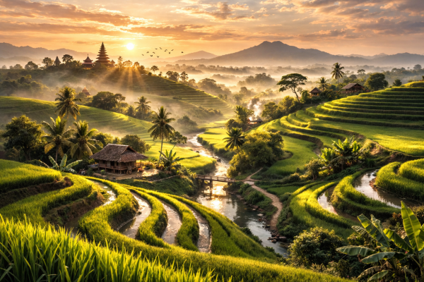 Groene rijstterrassen in Bali bij zonsopgang met zonnestralen, rivier en tropisch landschap.