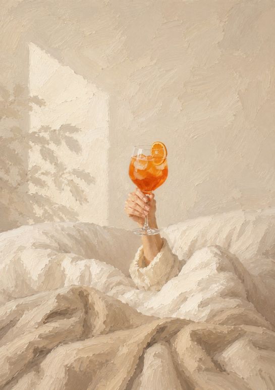 Luxe poster van een hand met een Aperol Spritz boven een zacht beige bed in een modern en minimalistisch interieur met warme natuurlijke tinten.