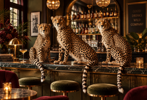 Luxe wanddecoratie met drie cheeta’s aan een stijlvolle cocktailbar met gouden details en donker marmer in hotel-chique interieur.