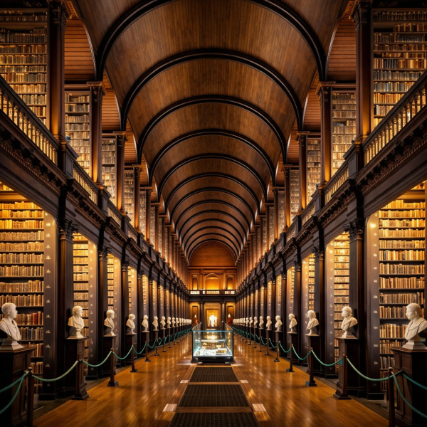 Luxe klassieke bibliotheek interieur met houten boekenkasten, symmetrische architectuur en warme verlichting wanddecoratie