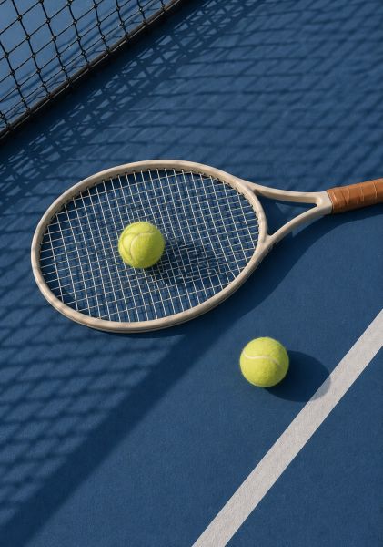 Luxe wanddecoratie van een tennisracket met tennisballen op een blauwe tennisbaan in een minimalistische en moderne stijl.