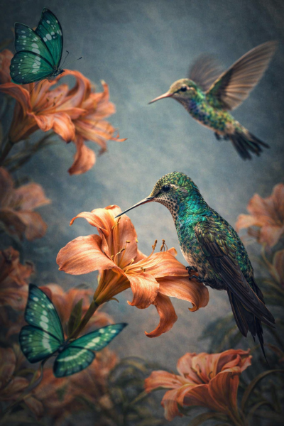 Kleurrijke kolibries en vlinders bij oranje bloemen met zachte achtergrond, elegante natuur wanddecoratie.