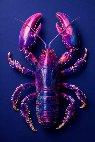 Neon paarse kreeft illustratie moderne maritieme wall art kleurrijke lobster kunst op donkere achtergrond