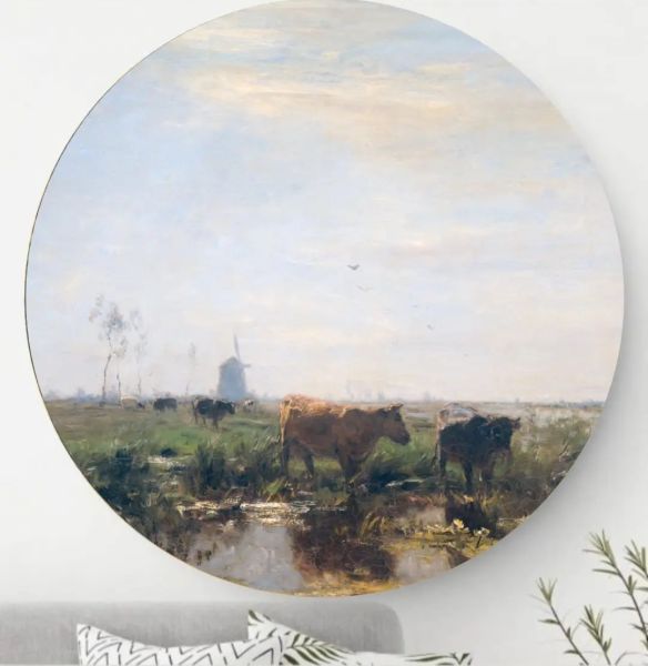 Weide met koeien aan het water - Wandcirkel