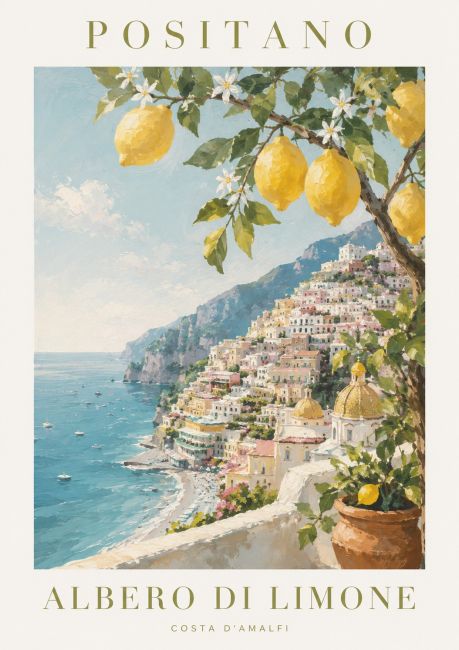 Schilderachtige wanddecoratie van Positano aan de Amalfikust met citroenboom, blauwe zee en kleurrijke mediterrane architectuur.