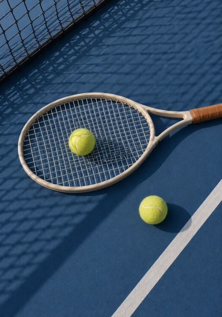 Luxe wanddecoratie van een tennisracket met tennisballen op een blauwe tennisbaan in een minimalistische en moderne stijl.