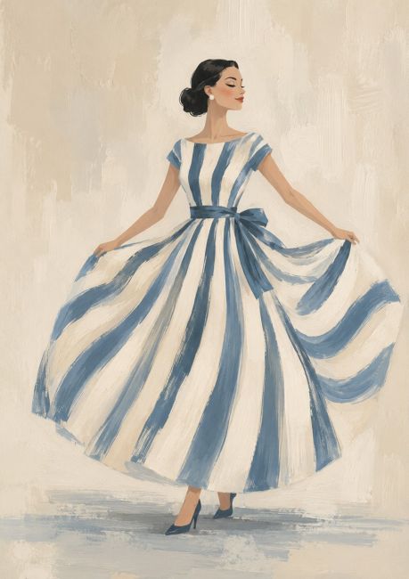 Elegante vrouw in een blauw-wit gestreepte jurk als stijlvolle schilderachtige wanddecoratie met mediterrane en hotel-chique uitstraling.