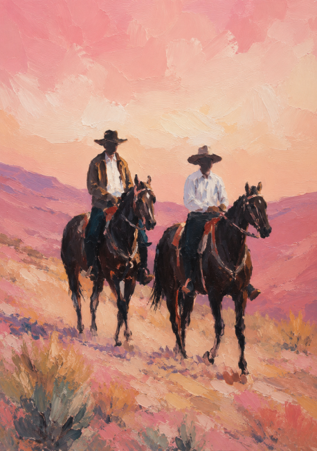 Schilderachtige wanddecoratie van twee ruiters te paard in een woestijnlandschap bij zonsondergang met roze en warme aardetinten.