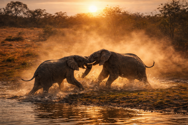 Twee olifanten spelen en botsen in water bij zonsondergang dramatische safari wildlife wanddecoratie