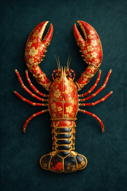 Artistieke rode kreeft met gouden florale details op donkergroene achtergrond als luxe wanddecoratie.