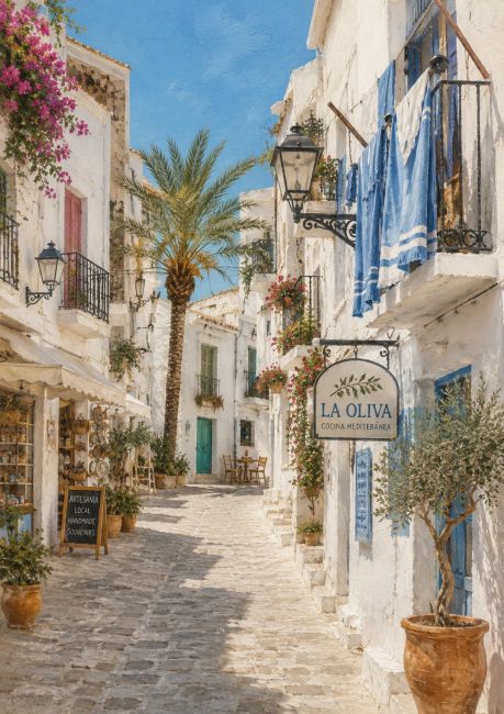 Luxe wanddecoratie van een schilderachtig mediterraan straatje met witte huizen, blauwe details, palmbomen en kleurrijke bloemen.