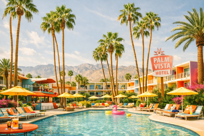 Retro Palm Springs hotel zwembad met palmbomen en kleurrijk resort summer travel wall art
