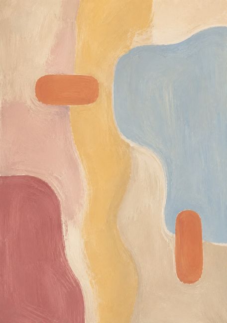 Abstracte wanddecoratie met organische vormen in pastelkleuren zoals lichtblauw, botergeel, terracotta en poederroze, moderne schilderstijl.