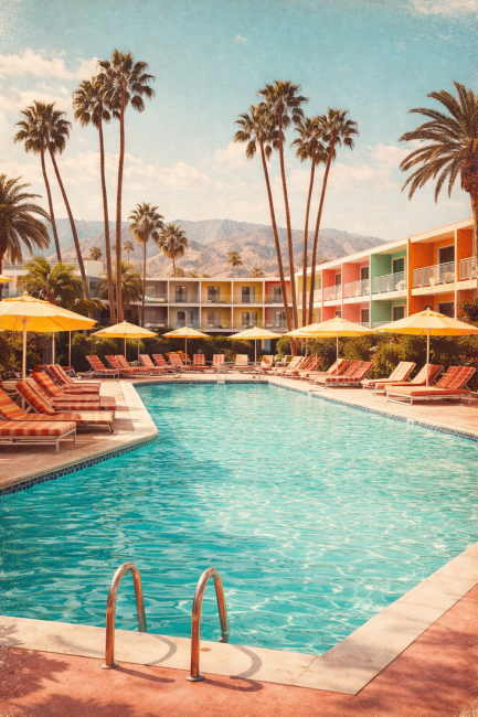 Retro Palm Springs zwembad met palmbomen, ligbedden en pastel hotel resort vintage travel wall art