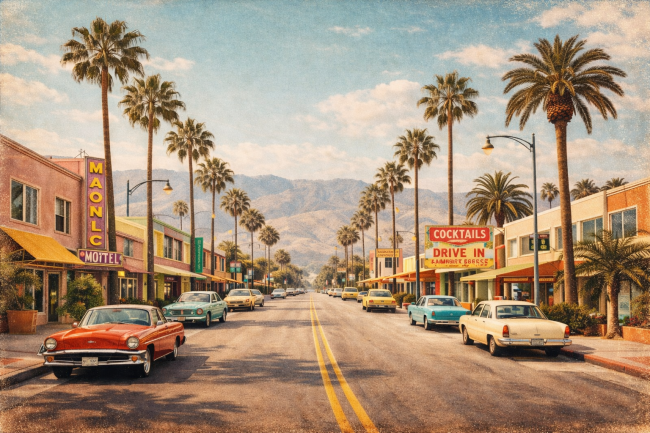 Retro Palm Springs straat met palmbomen, vintage auto’s en kleurrijke Californische winkels travel wall art