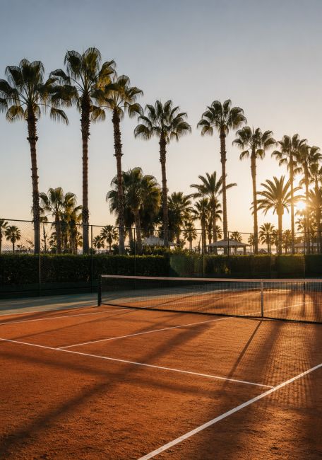 Luxe wanddecoratie van een tennisbaan met palmbomen tijdens de gouden zonsondergang in mediterrane resortstijl.