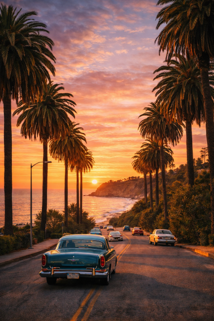 Zonsondergang langs een kustweg met palmbomen, oceaanzicht en een klassieke vintage auto, sfeervolle muurdecoratie in Californische stijl