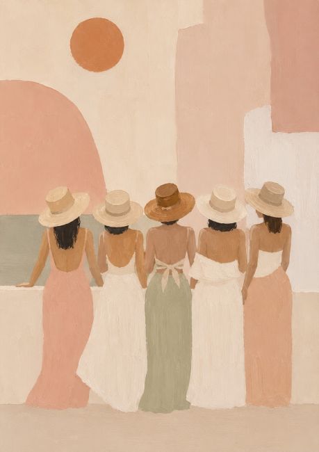 Abstracte wanddecoratie van vijf vrouwen met strohoeden in zachte pastelkleuren, geïnspireerd op mediterrane architectuur en een zomerse sfeer.