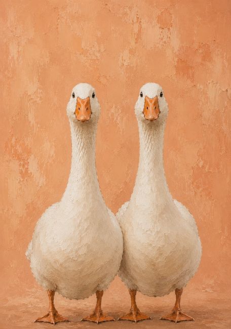 Twee witte ganzen op een warme terracotta achtergrond in schilderstijl, luxe landelijke wanddecoratie met zachte aardetinten.