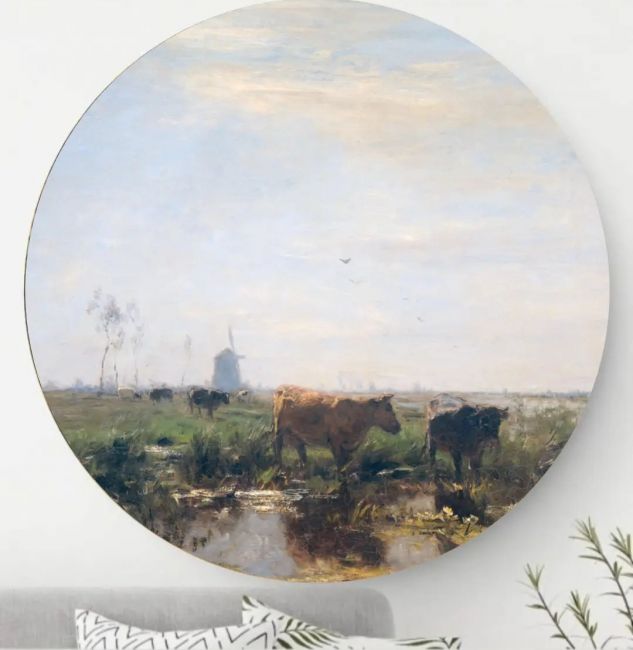 Weide met koeien aan het water - Wandcirkel
