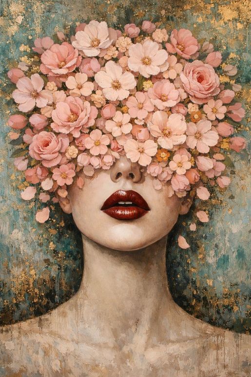 Kunstzinnig portret van een vrouw met zachtroze bloemen die haar ogen bedekken, tegen een verweerde achtergrond met goudaccenten