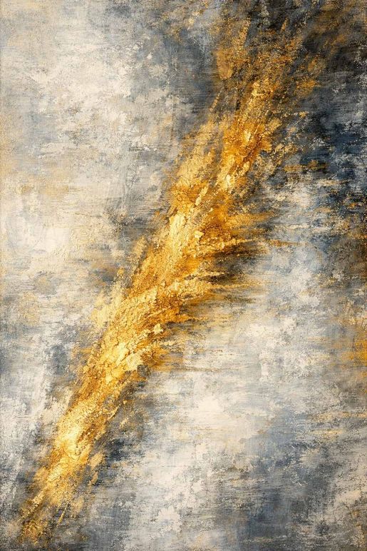 Abstract schilderij met gouden penseelstreek op grijze achtergrond, moderne luxe wanddecoratie