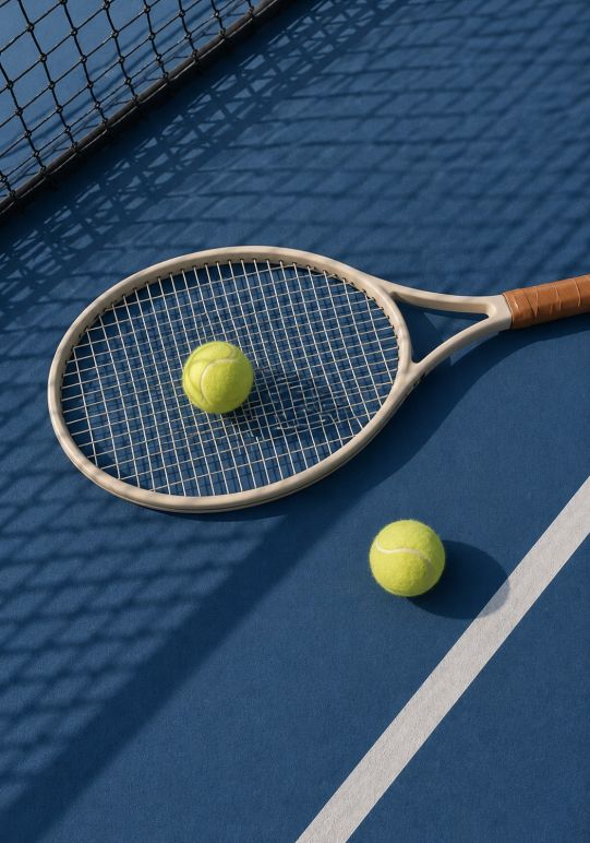Luxe wanddecoratie van een tennisracket met tennisballen op een blauwe tennisbaan in een minimalistische en moderne stijl.