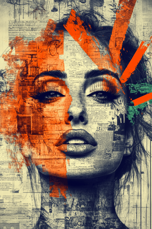 Abstract vrouwenportret met kranten collage en oranje teal verfaccenten moderne urban wall art