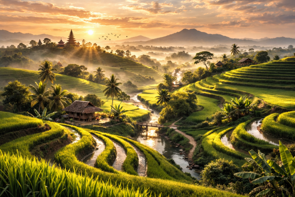 Groene rijstterrassen in Bali bij zonsopgang met zonnestralen, rivier en tropisch landschap.