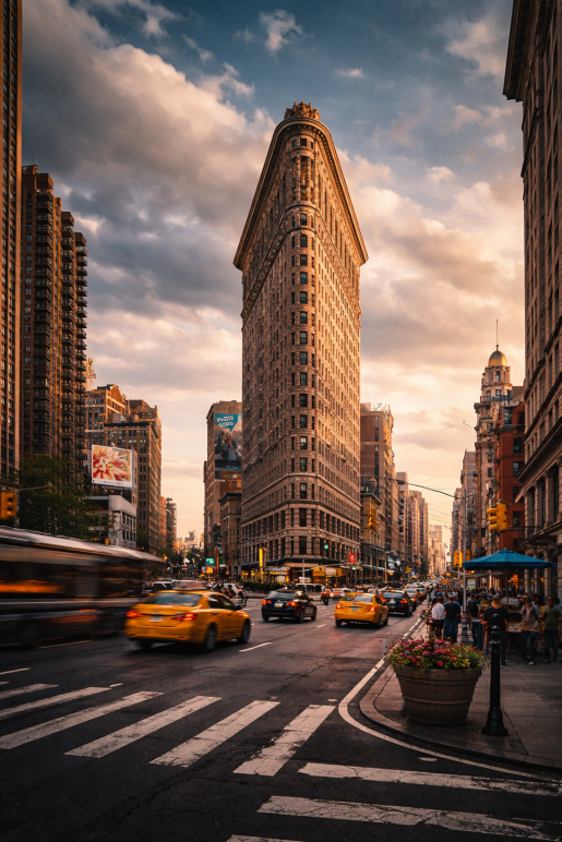 Iconisch stedelijk architectuur schilderij met stadsverkeer bij zonsondergang en moderne skyline als luxe wanddecoratie.