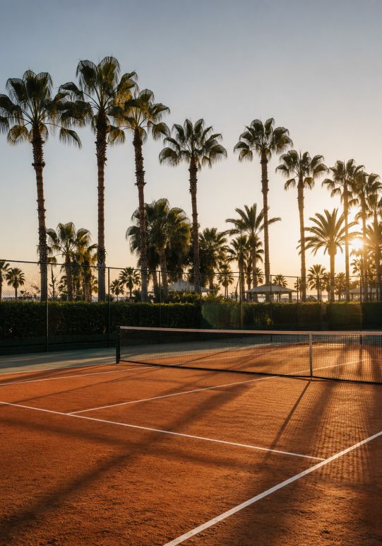 Luxe wanddecoratie van een tennisbaan met palmbomen tijdens de gouden zonsondergang in mediterrane resortstijl.