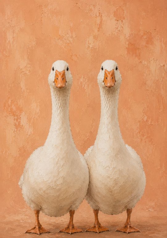 Twee witte ganzen op een warme terracotta achtergrond in schilderstijl, luxe landelijke wanddecoratie met zachte aardetinten.