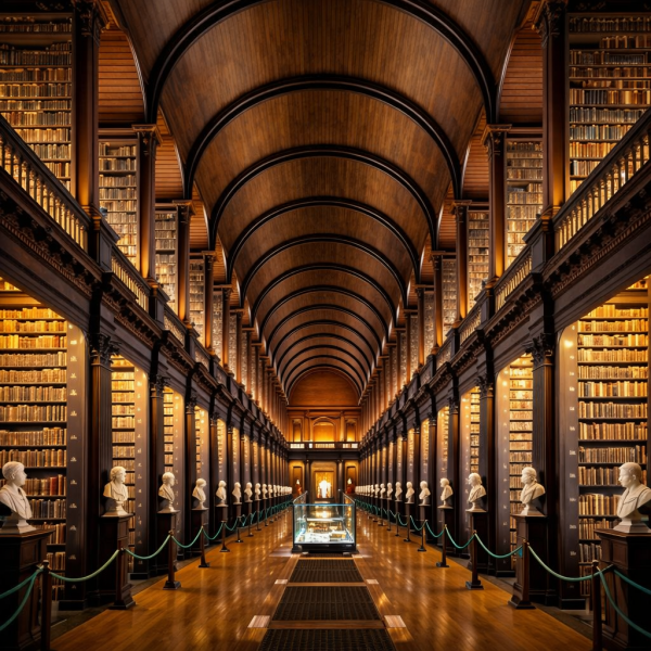 Luxe klassieke bibliotheek interieur met houten boekenkasten, symmetrische architectuur en warme verlichting wanddecoratie