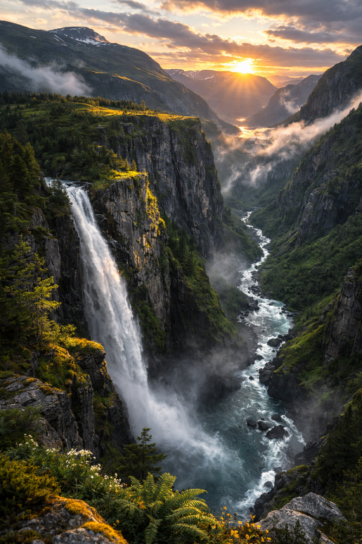 Vøringsfossen waterval in Noorwegen bij zonsopgang met canyon, bergen, mist en rivier in een dramatisch Noors fjordenlandschap.