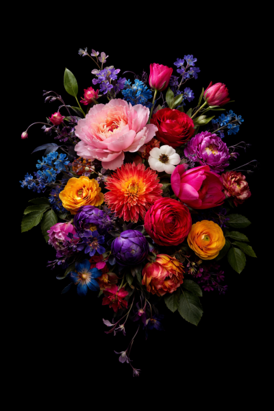 Kleurrijk bloemenboeket met pioenrozen, rozen en diverse bloemen op zwarte achtergrond botanische wanddecoratie