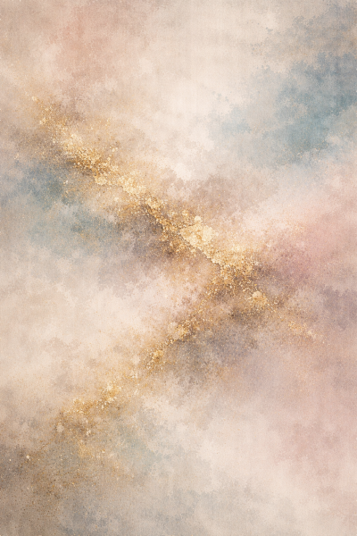 Abstracte wanddecoratie met goudaccenten in beige, blauw en rosé tinten, moderne luxe muurdecoratie voor een stijlvol interieur.