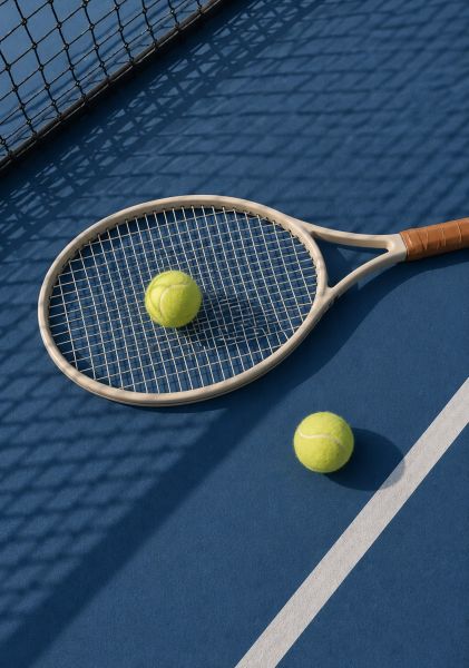 Luxe wanddecoratie van een tennisracket met tennisballen op een blauwe tennisbaan in een minimalistische en moderne stijl.