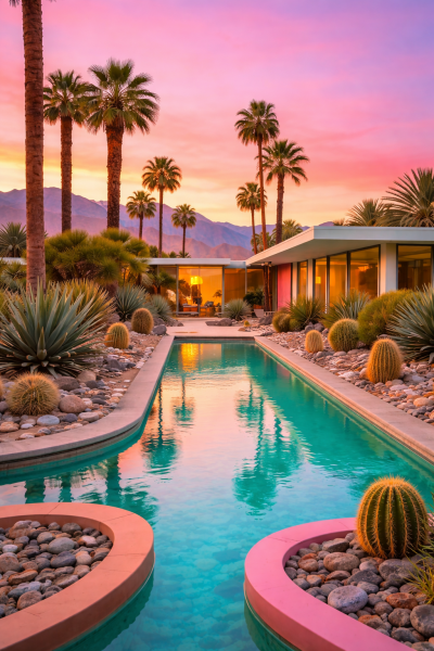Moderne Palm Springs villa met zwembad, palmbomen en roze zonsondergang als luxe wanddecoratie.