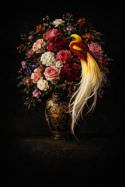 Stilleven met kleurrijke bloemen in een sierlijke vaas en een geel-rode paradijsvogel tegen een donkere achtergrond