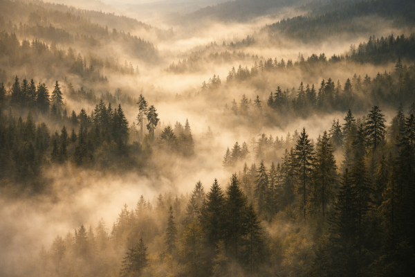Mistig dennenbos landschap met ochtendnevel rustgevende natuur wanddecoratie forest wall art
