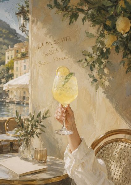 Luxe schilderstijl van een limoncello spritz in een Italiaans café aan de Amalfi-kust met citroenboom en mediterrane sfeer als exclusieve wanddecoratie.