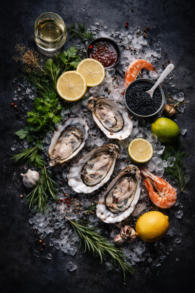 Luxe seafood stilleven met oesters, citroen, garnalen en kruiden op ijs culinaire keuken wanddecoratie