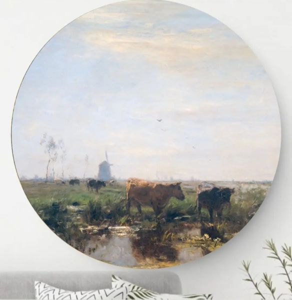 Weide met koeien aan het water - Wandcirkel